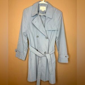 Vtg Worthington Dusty Blue Trench Coat Size Small Petite Belted Double Breasted
